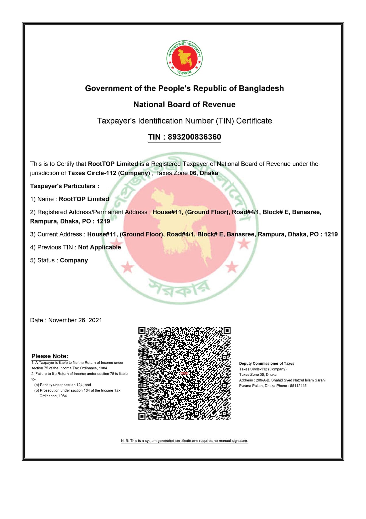 Tax Identification Number (TIN) Certificate