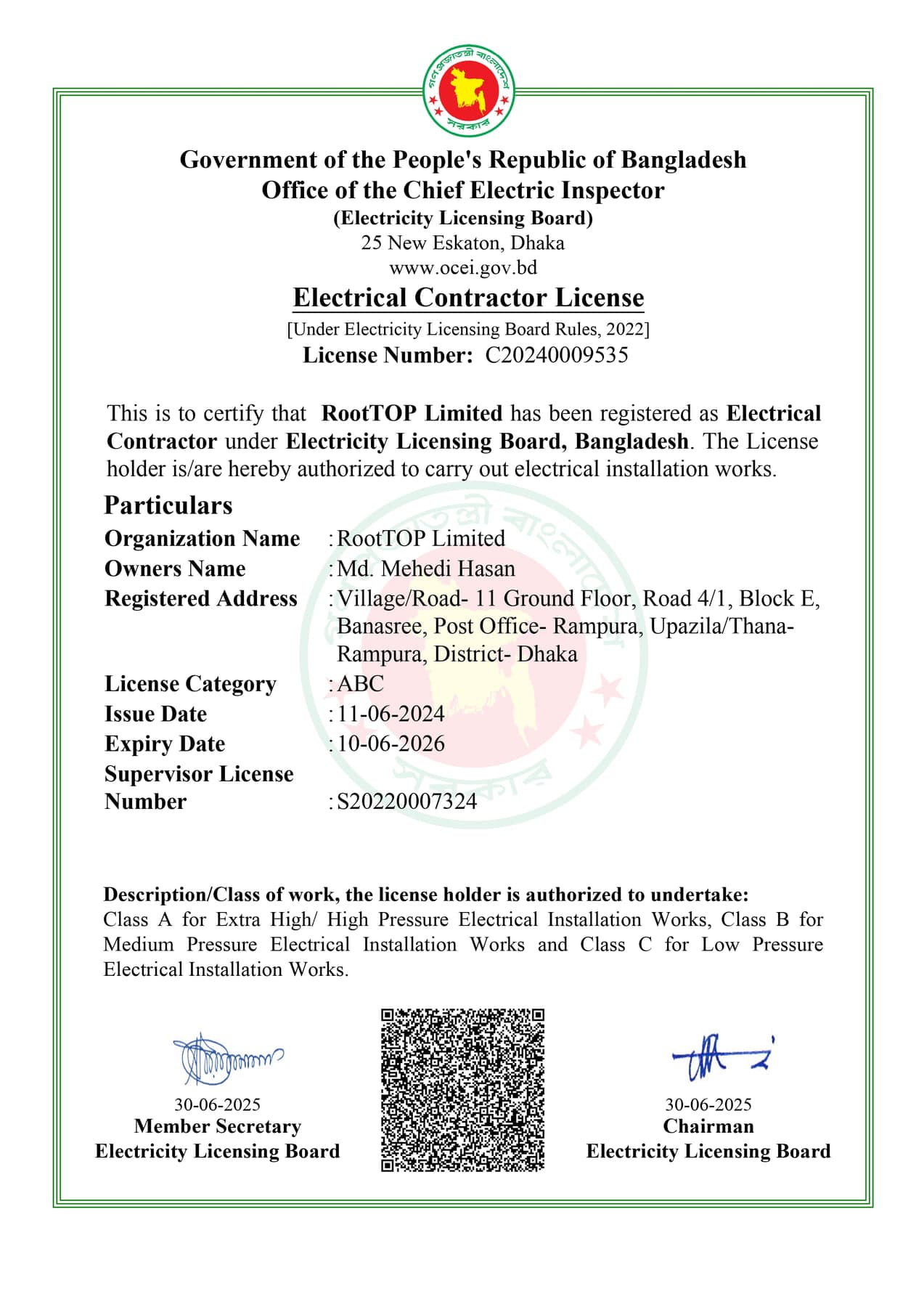 Electrical Contractor Certificate